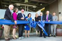 Mike Thompson, Provost Lisa Vollendorf, Marvin Shanken, President Judy Sakaki, Dr. Karen Thompson, Gary Heck, Ray Johnson, and Logan Pitts at the Wine Spectator Learning Center Grand Opening and Ribbon Cutting Ceremony