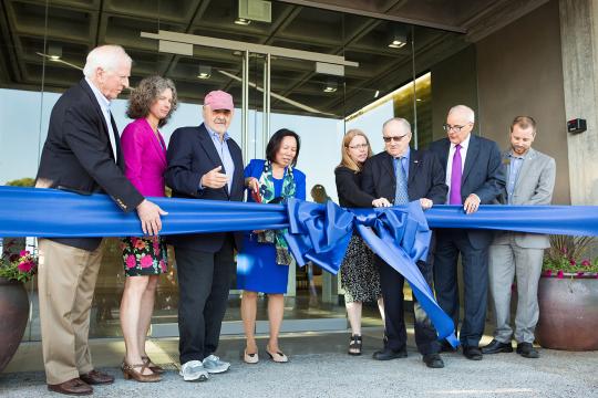 Mike Thompson, Provost Lisa Vollendorf, Marvin Shanken, President Judy Sakaki, Dr. Karen Thompson, Gary Heck, Ray Johnson, and Logan Pitts at the Wine Spectator Learning Center Grand Opening and Ribbon Cutting Ceremony 